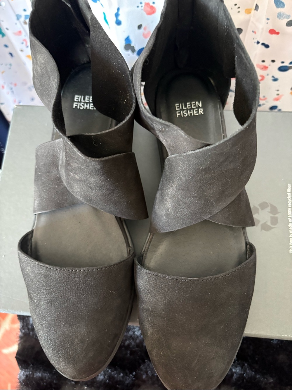 Eileen Fisher Black Nubuck Suede Crisscross Strap Flats